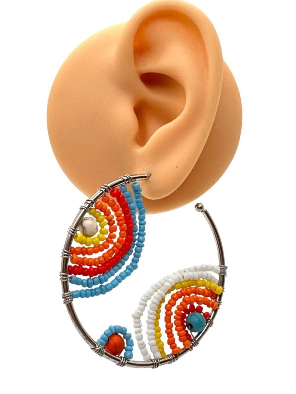 Silver Tone Hoop Earrings Colorful Beaded Center Boho Style 2 Inch Diameter NWOT